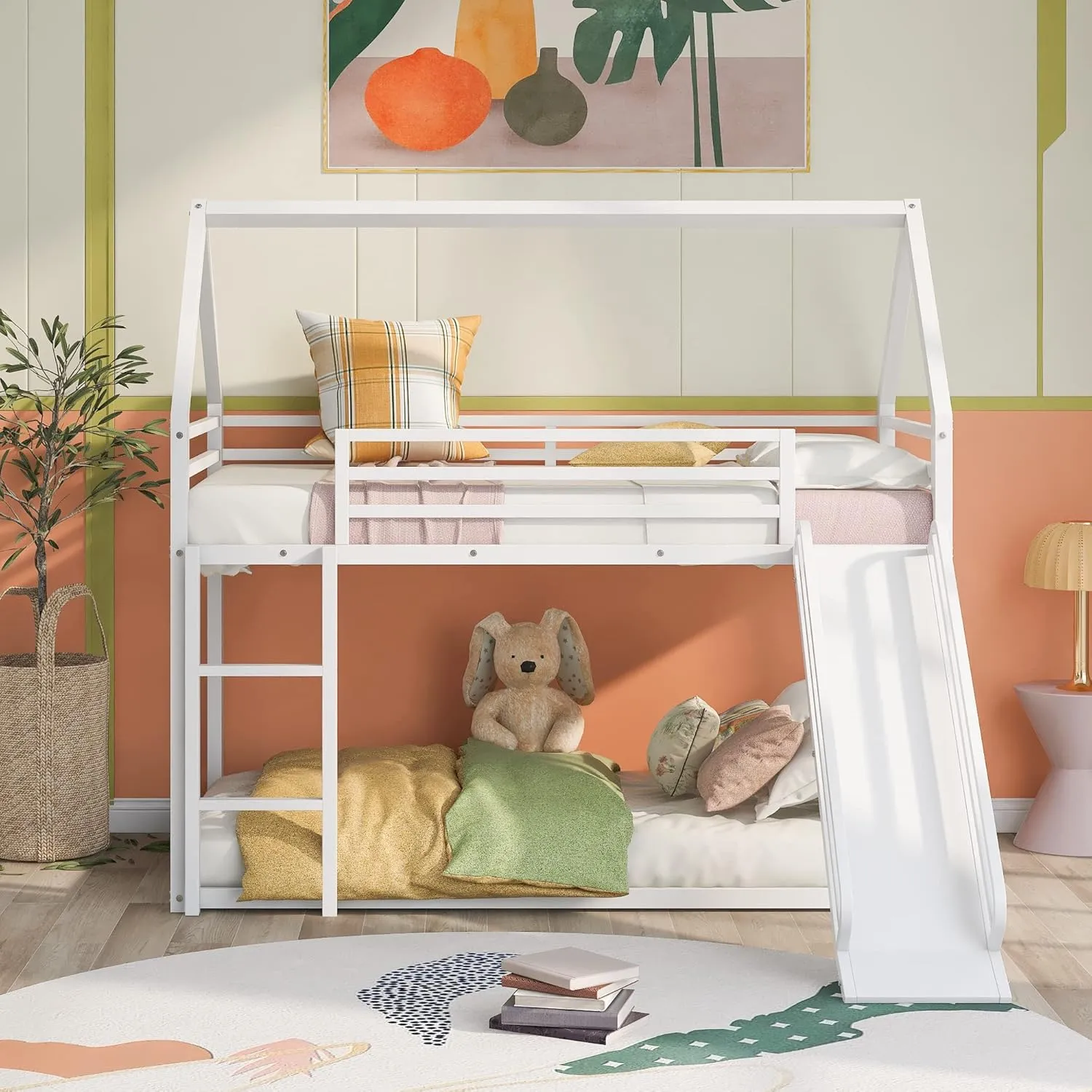 Merax Heavy Metal House Low Bunk Bed with Slide & Ladder Twin Over Twin, Montessori Floor Bunk Bed Frame with Full-Length Guardrail, No Box Spring Needed, Noise Free White