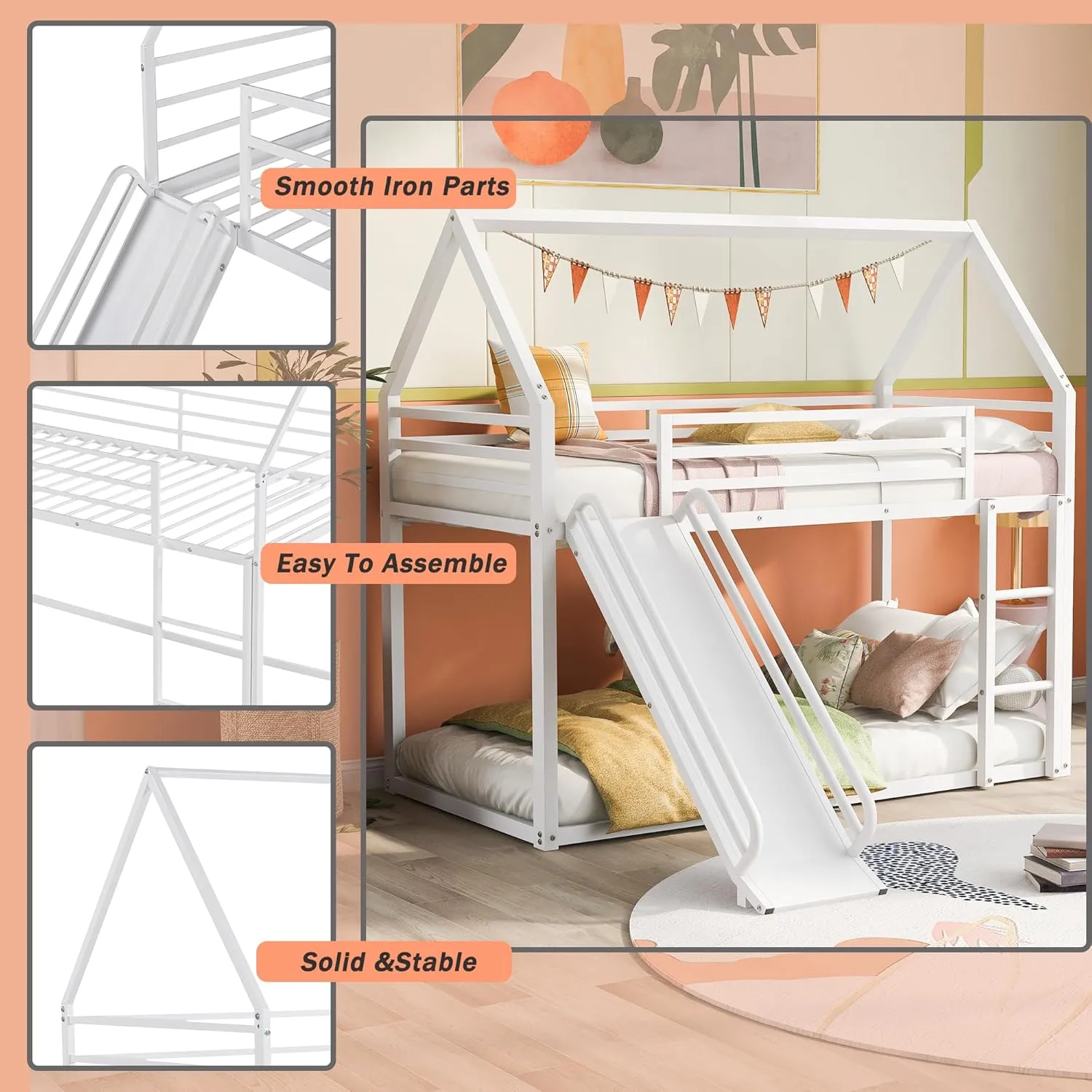Merax Heavy Metal House Low Bunk Bed with Slide & Ladder Twin Over Twin, Montessori Floor Bunk Bed Frame with Full-Length Guardrail, No Box Spring Needed, Noise Free White