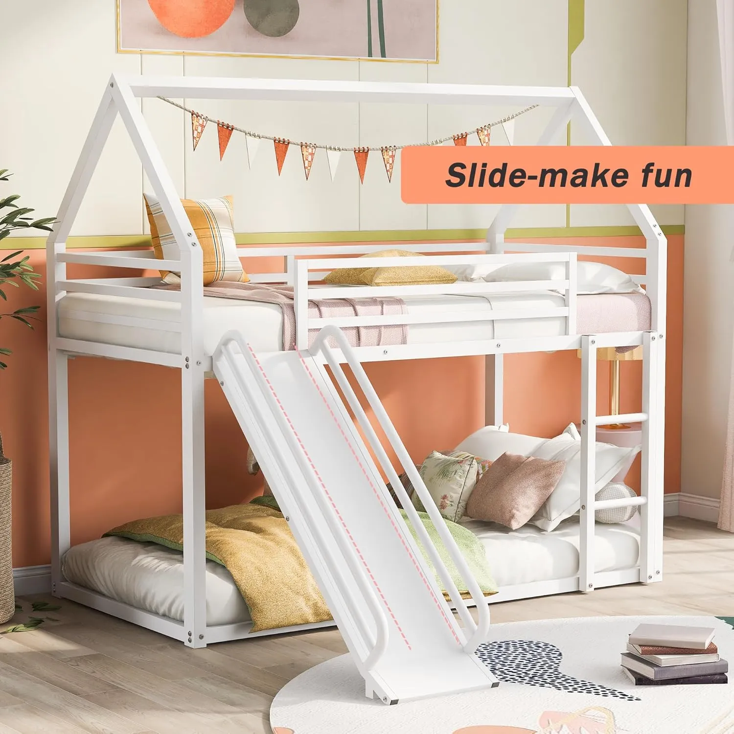 Merax Heavy Metal House Low Bunk Bed with Slide & Ladder Twin Over Twin, Montessori Floor Bunk Bed Frame with Full-Length Guardrail, No Box Spring Needed, Noise Free White