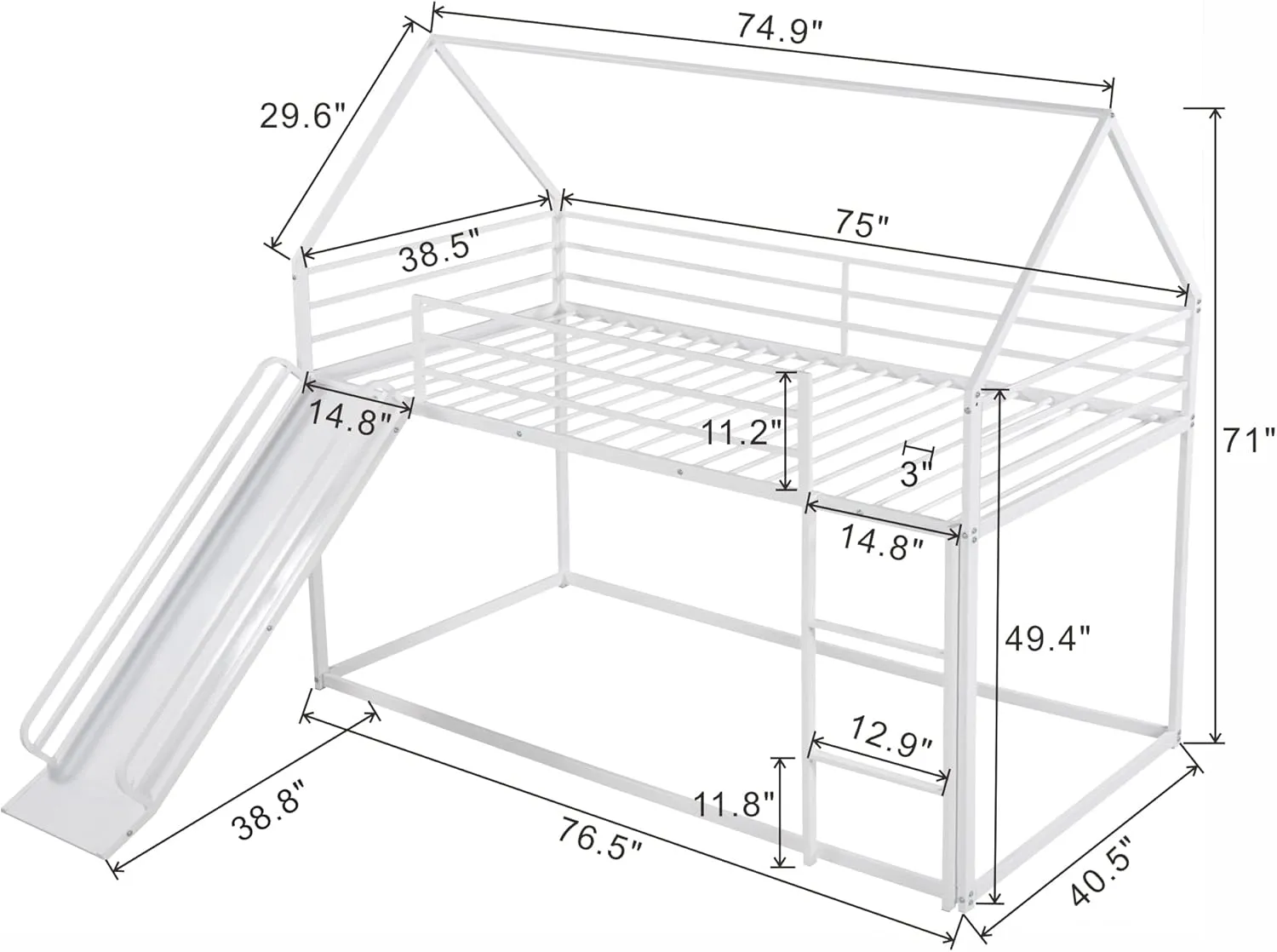 Merax Heavy Metal House Low Bunk Bed with Slide & Ladder Twin Over Twin, Montessori Floor Bunk Bed Frame with Full-Length Guardrail, No Box Spring Needed, Noise Free White