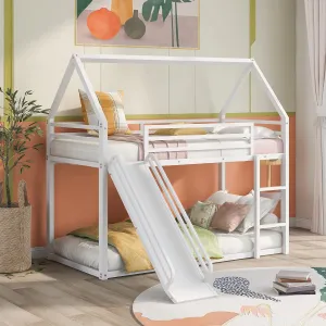 Merax Heavy Metal House Low Bunk Bed with Slide & Ladder Twin Over Twin, Montessori Floor Bunk Bed Frame with Full-Length Guardrail, No Box Spring Needed, Noise Free White