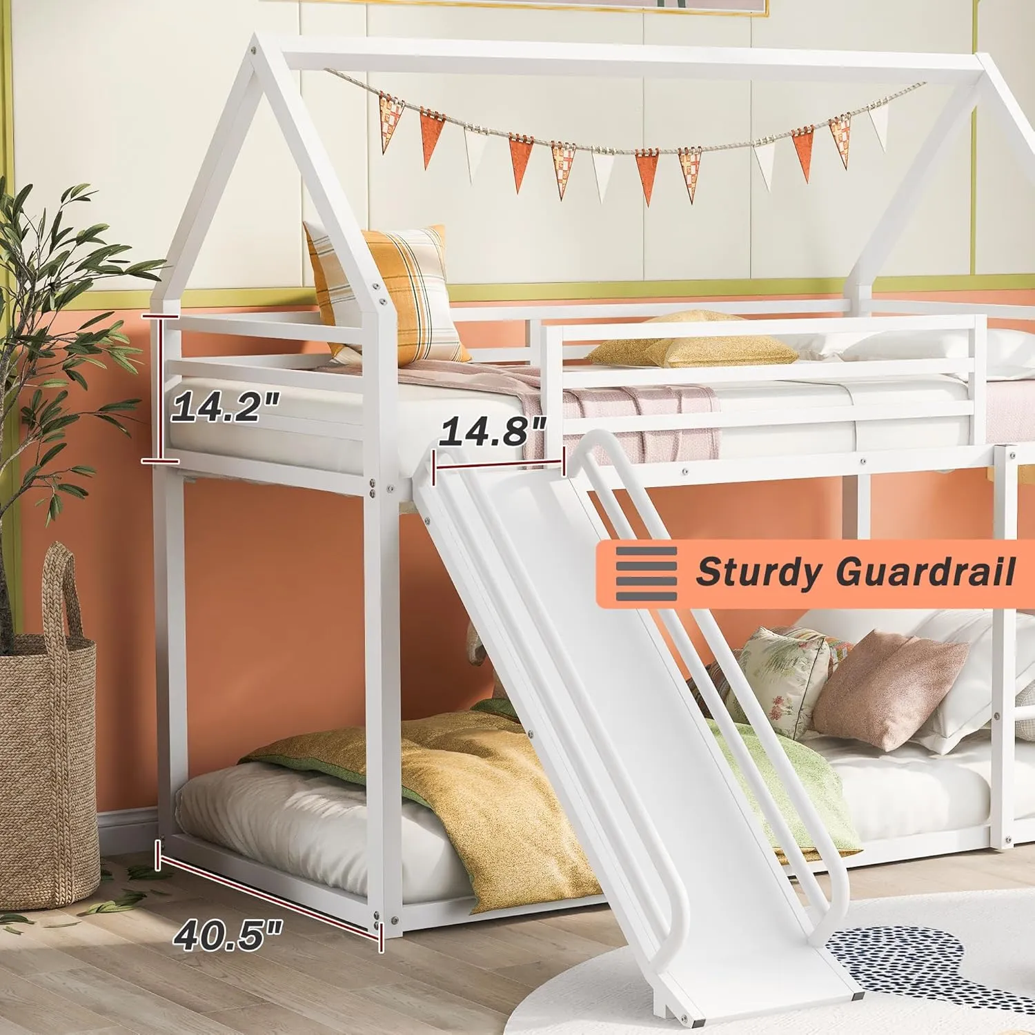 Merax Heavy Metal House Low Bunk Bed with Slide & Ladder Twin Over Twin, Montessori Floor Bunk Bed Frame with Full-Length Guardrail, No Box Spring Needed, Noise Free White