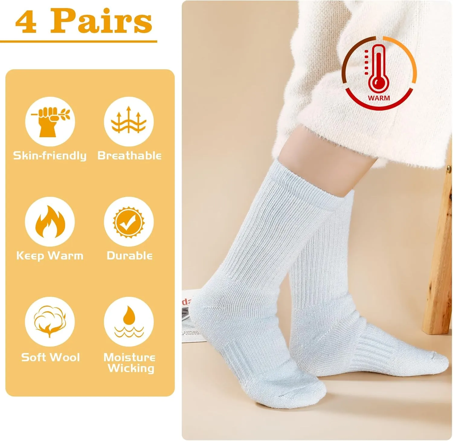 Merino Wool Hiking Socks for Women Thermal Winter Warm Boot Work Cushion Socks 4 Pairs