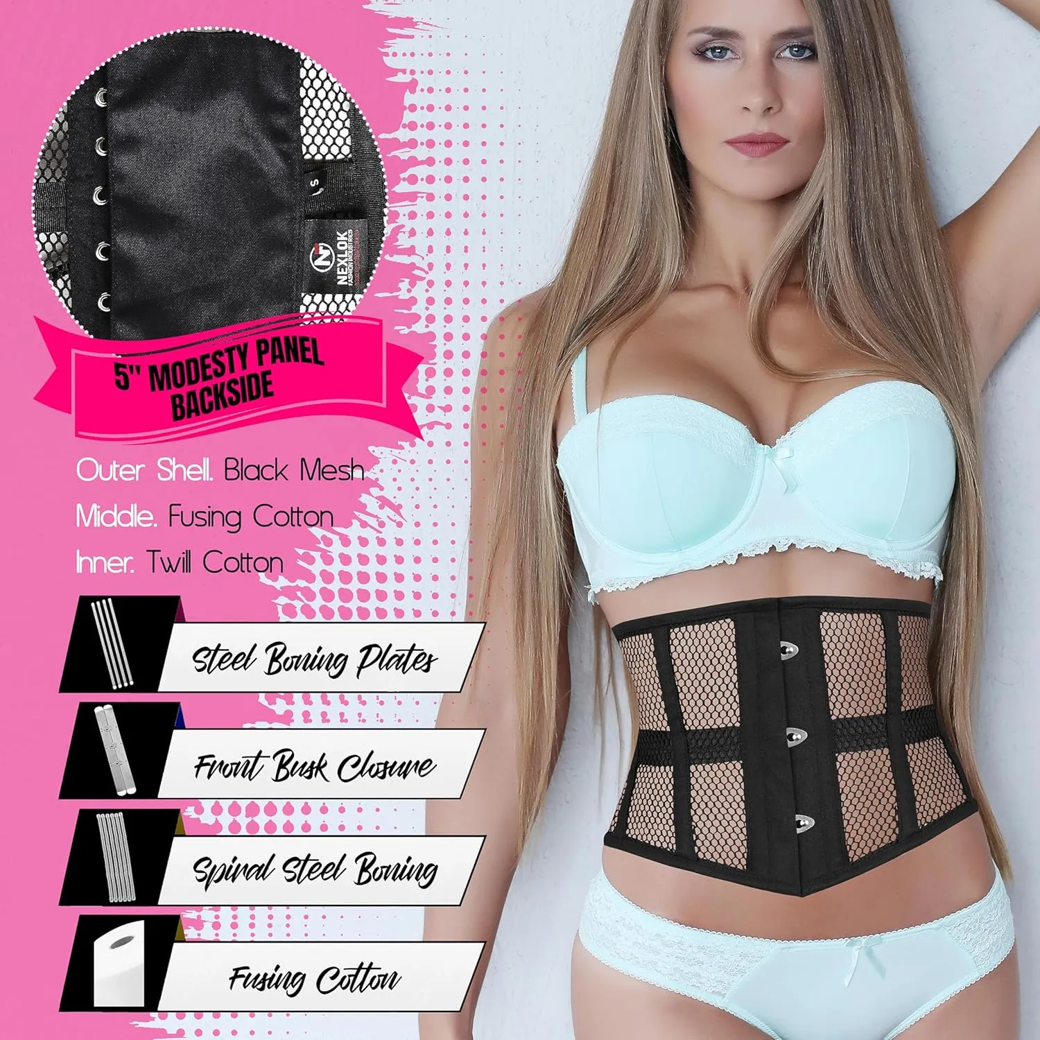 Mesh Underbust Corset for Women, Womens Waist Trainer Cincher Heavy Duty Steel Boned Underbust Waspie Mesh Corset
