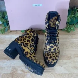 Miu Miu  Never Mind Crystal Block Heel Hiking Boots Tan  Size 37