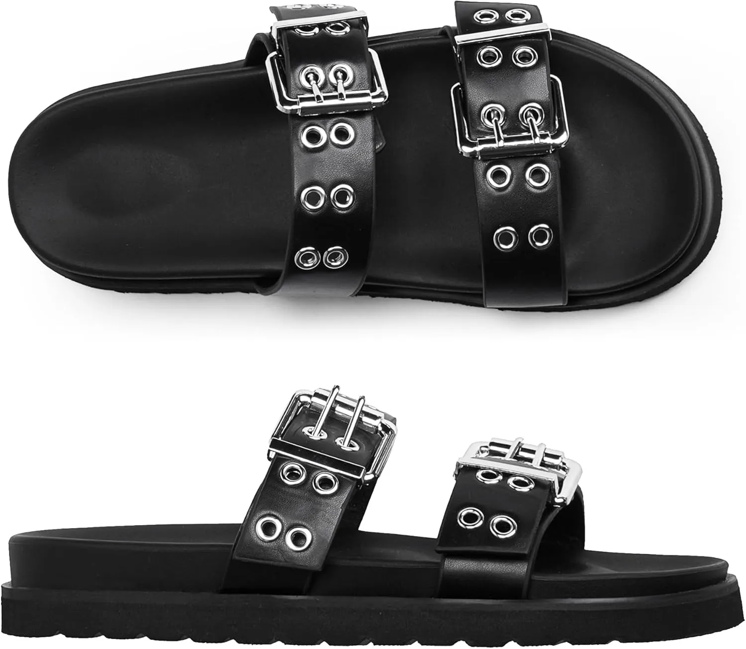 Modatope Womens Flat Sandals for Women Double Buckle Adjustable Slide Sandals Slip On Open Toe Platform Sandals