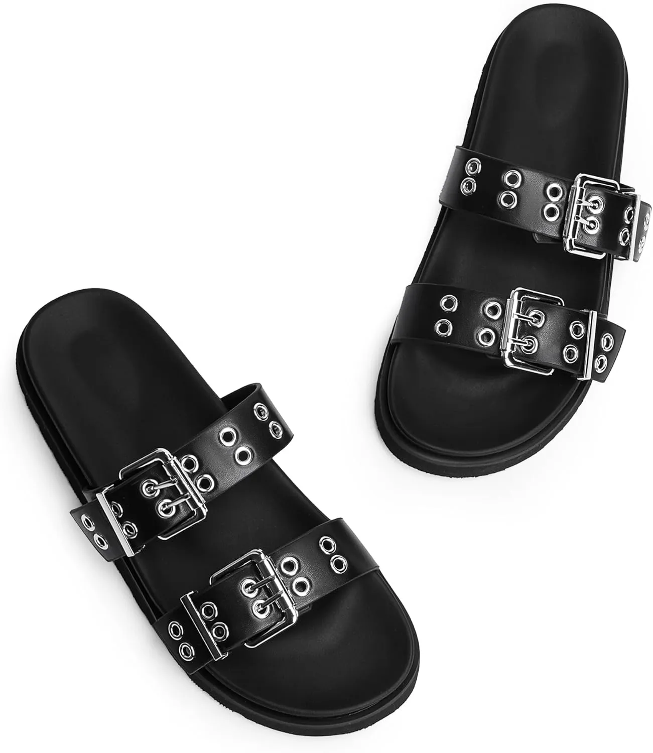 Modatope Womens Flat Sandals for Women Double Buckle Adjustable Slide Sandals Slip On Open Toe Platform Sandals