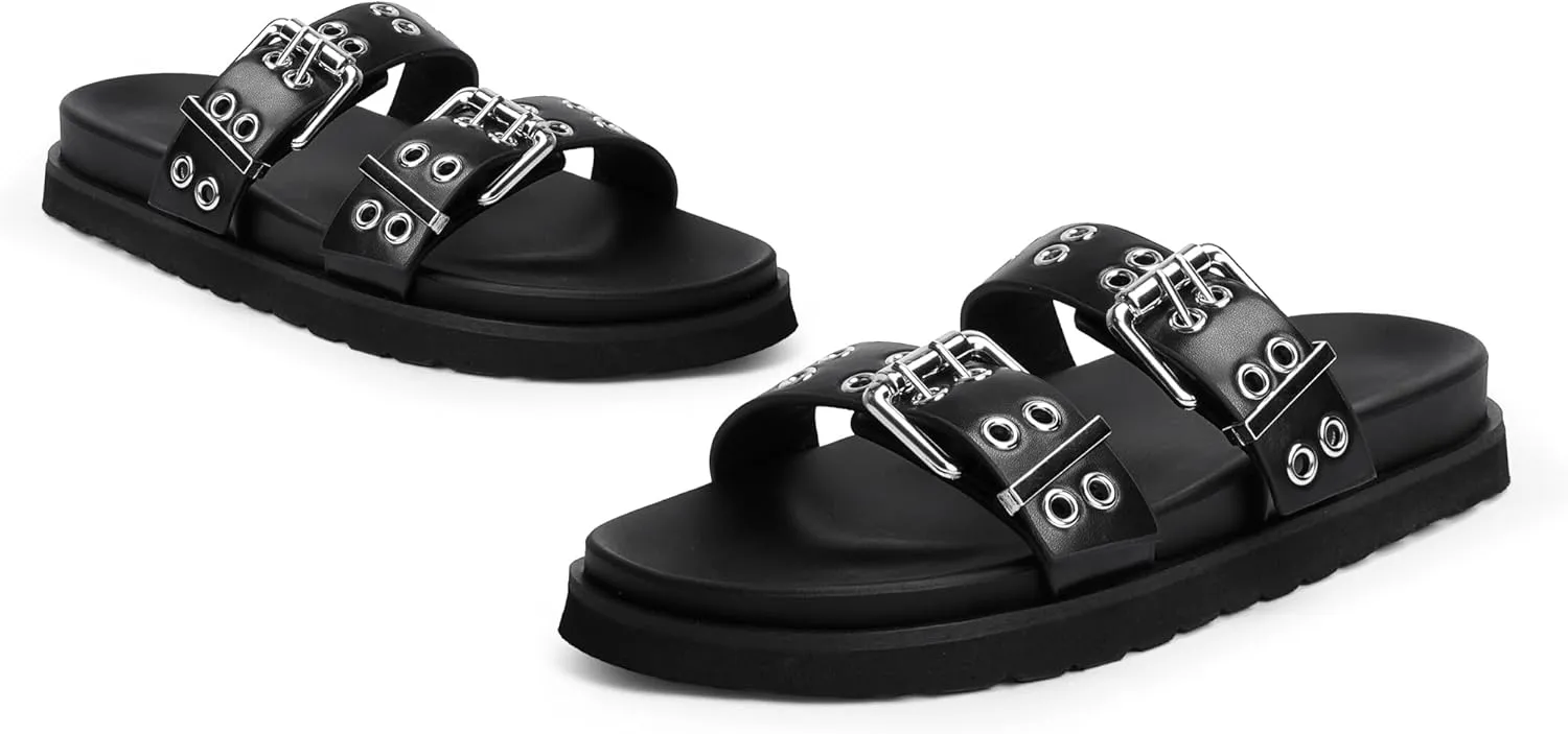 Modatope Womens Flat Sandals for Women Double Buckle Adjustable Slide Sandals Slip On Open Toe Platform Sandals