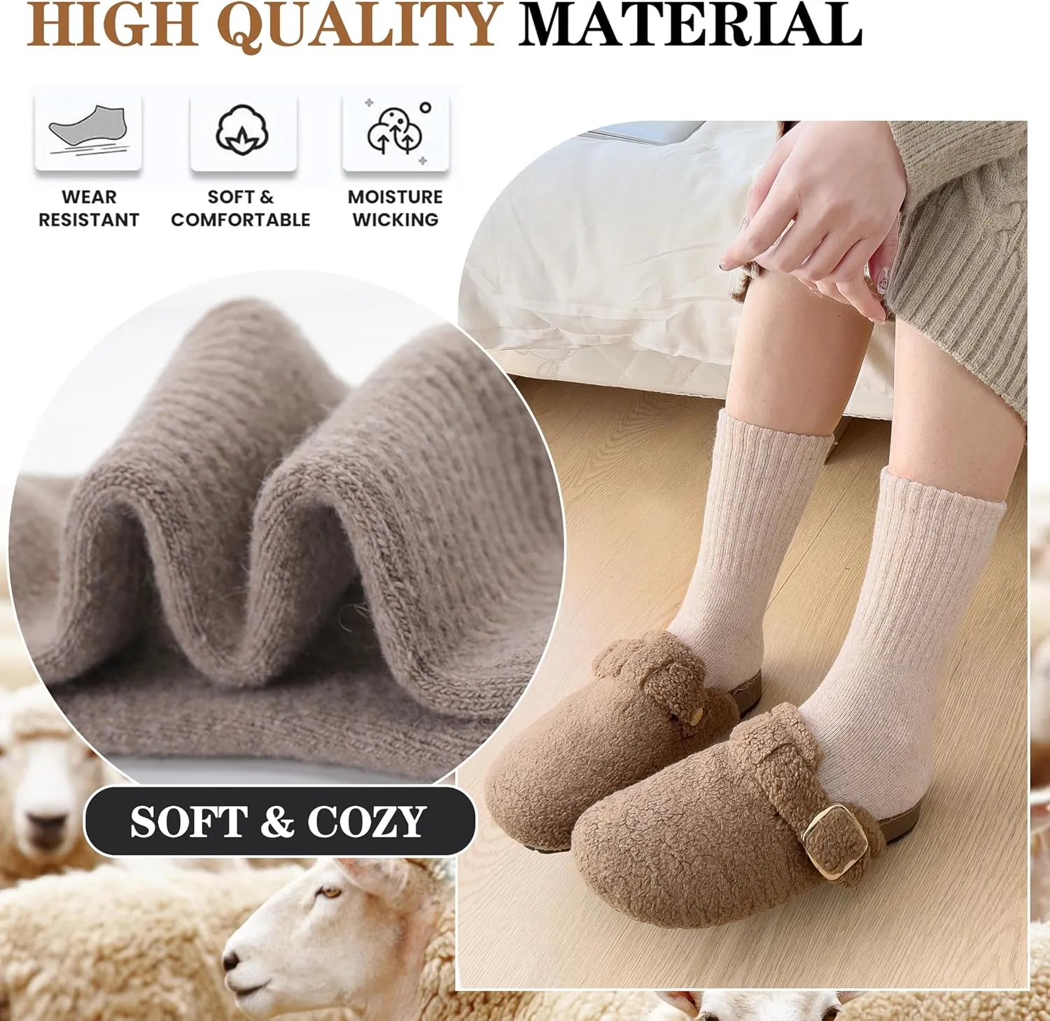 MOGGEI 5 Pairs Womens Merino Wool Socks Hiking Warm Winter Thick Thermal Crew Cozy Cabin Ladies Gift Comfy Boot Work Socks