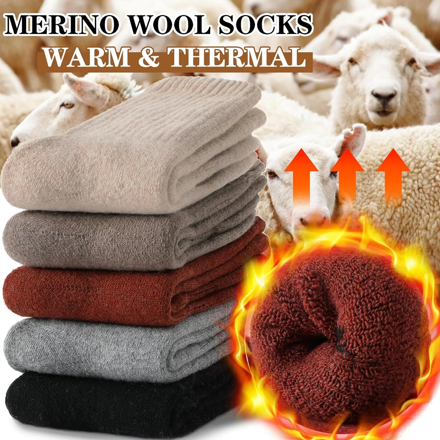 MOGGEI 5 Pairs Womens Merino Wool Socks Hiking Warm Winter Thick Thermal Crew Cozy Cabin Ladies Gift Comfy Boot Work Socks