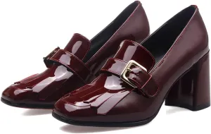 MOOMMO Women Chunky Block Heel Loafers Pumps Square Closed Toe Slip On Dress Shoes Patent Leather Oxford Loafer Shoes Fringe Buckle Tassel Wingtip Office Work Shoe Business Professional 4-11 M US