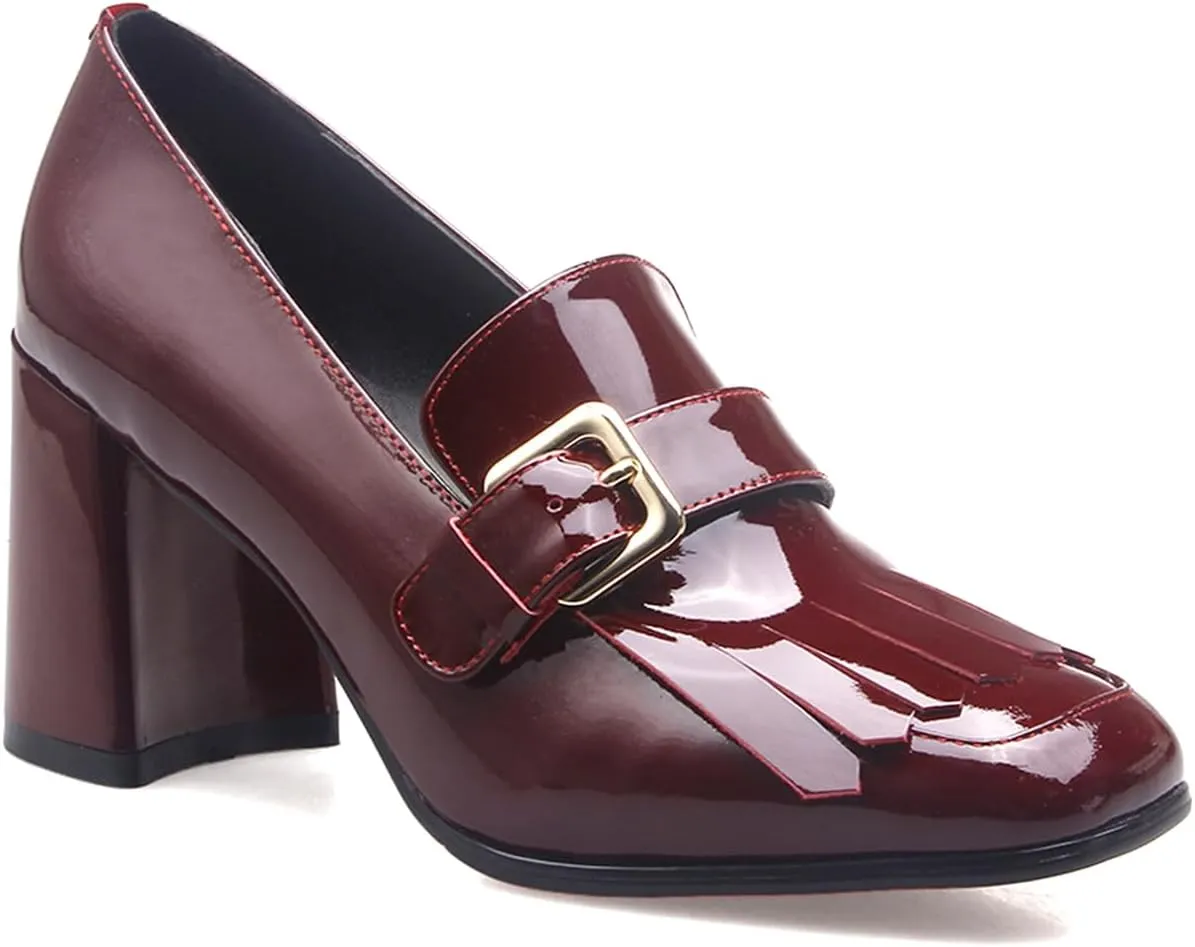 MOOMMO Women Chunky Block Heel Loafers Pumps Square Closed Toe Slip On Dress Shoes Patent Leather Oxford Loafer Shoes Fringe Buckle Tassel Wingtip Office Work Shoe Business Professional 4-11 M US