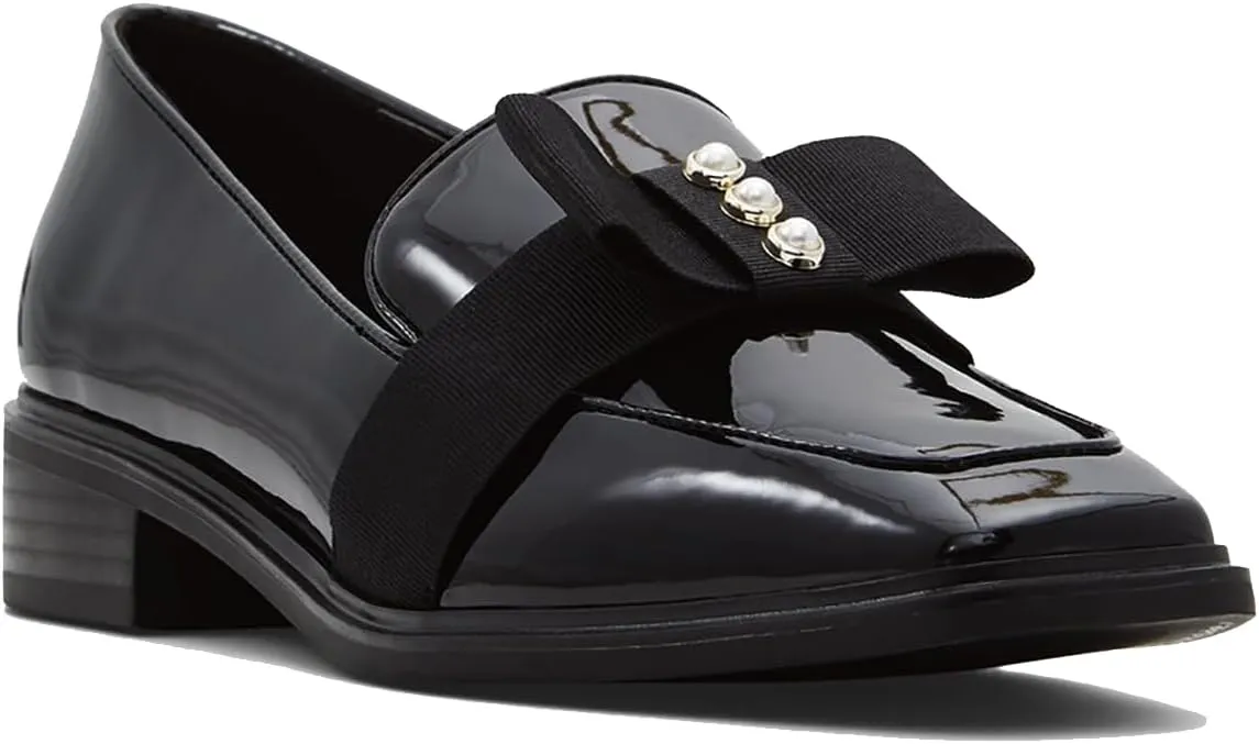 MOOMMO Women Low Chunky Heel Bow Loafers Patent Slip On Square Toe Loafer Pumps Pearl 1 inch Block Heel Dress Shoes Comfort Office Ladies Oxford Loafer Shoes Bow Cute Office 4-11 M US