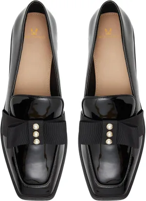 MOOMMO Women Low Chunky Heel Bow Loafers Patent Slip On Square Toe Loafer Pumps Pearl 1 inch Block Heel Dress Shoes Comfort Office Ladies Oxford Loafer Shoes Bow Cute Office 4-11 M US