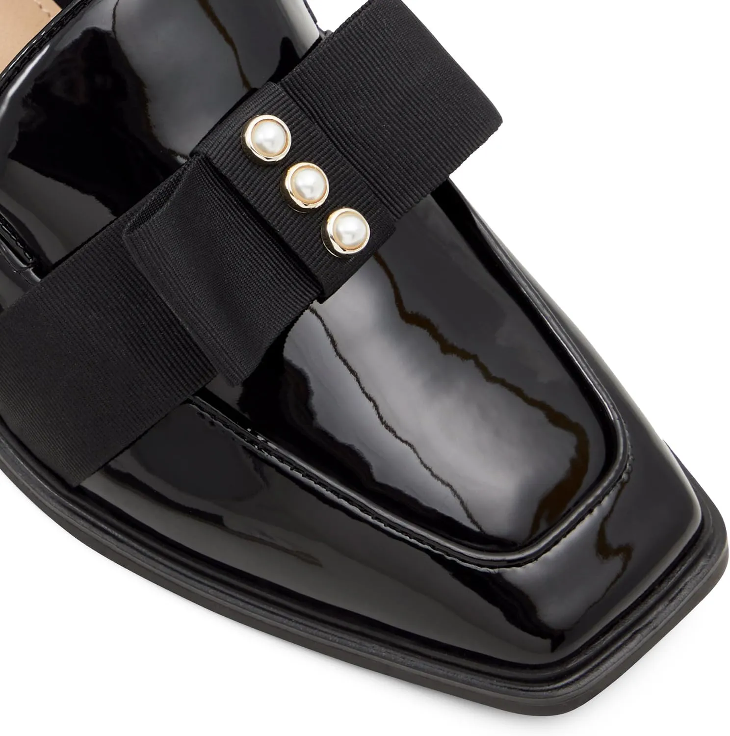 MOOMMO Women Low Chunky Heel Bow Loafers Patent Slip On Square Toe Loafer Pumps Pearl 1 inch Block Heel Dress Shoes Comfort Office Ladies Oxford Loafer Shoes Bow Cute Office 4-11 M US