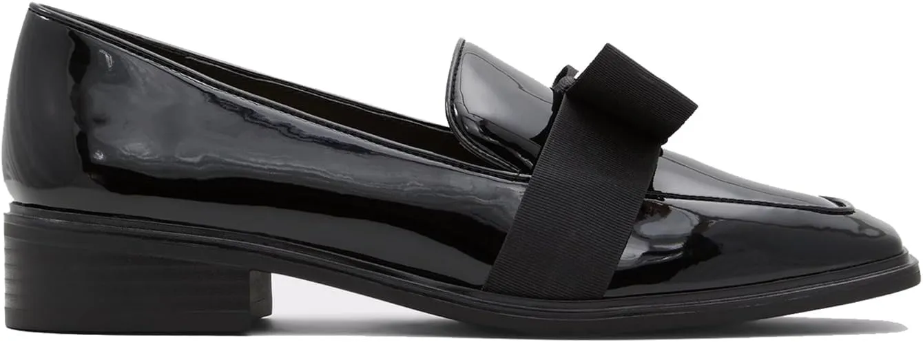 MOOMMO Women Low Chunky Heel Bow Loafers Patent Slip On Square Toe Loafer Pumps Pearl 1 inch Block Heel Dress Shoes Comfort Office Ladies Oxford Loafer Shoes Bow Cute Office 4-11 M US