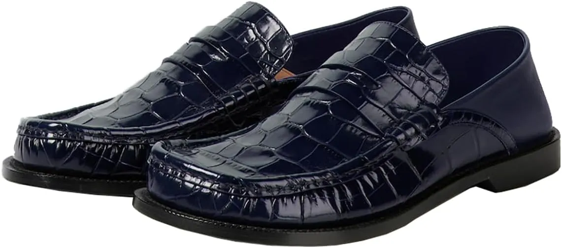 MOOMMO Women Low Chunky Heel Loafers Walking Shoes Crocodile Loafer Flats Round Toe Toe Slip On Penny Loafers Dress Shoes Matte Stone Pattern Office Ladies Casual Comfort 4-11 M US