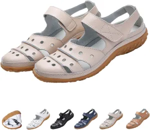 MOYOWEI Women's Leather Closed Toe Sandals Summer Casual Comfy Non-Slip Orthotic Softsole Ankle Strap Cutout Beach Mary Jane Shoes