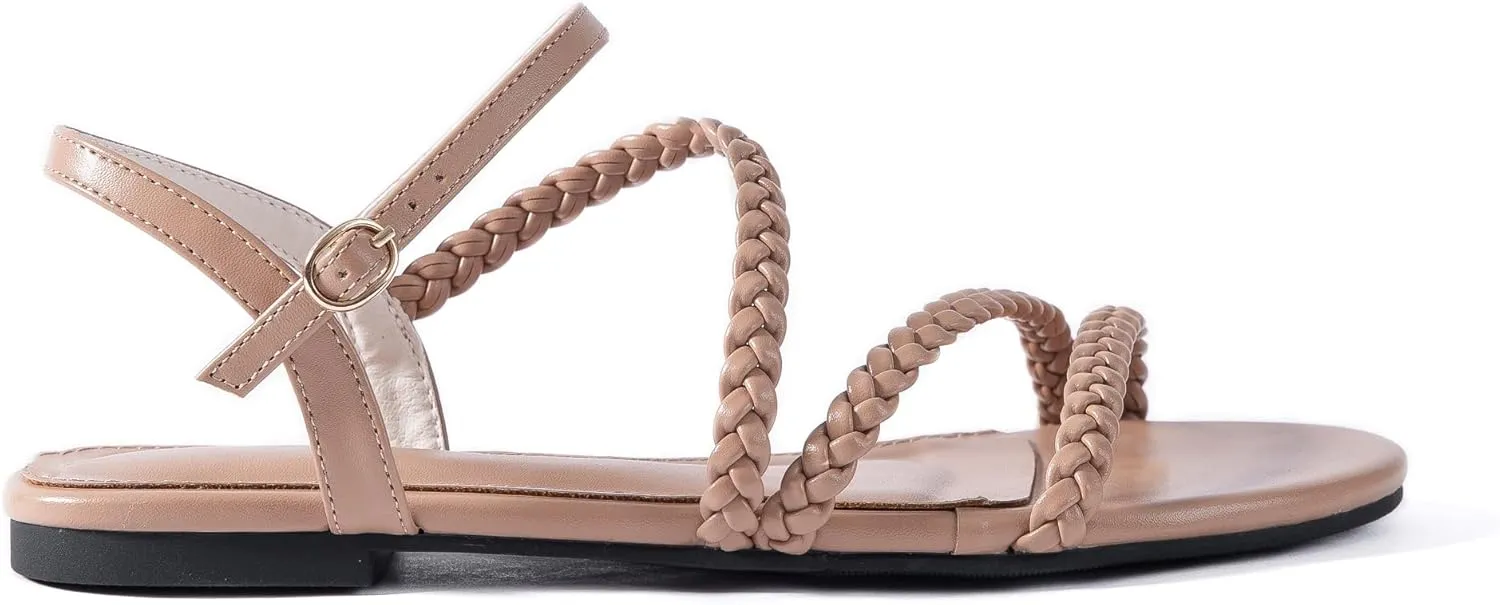 Mtzyoa Women Flat Sandals Dressy Strappy Gladiator Summer Ankle Strap Nude Open Toe Comfortable Wedding Casual Leather Ladies Party Trendy Vacation