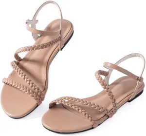 Mtzyoa Women Flat Sandals Dressy Strappy Gladiator Summer Ankle Strap Nude Open Toe Comfortable Wedding Casual Leather Ladies Party Trendy Vacation