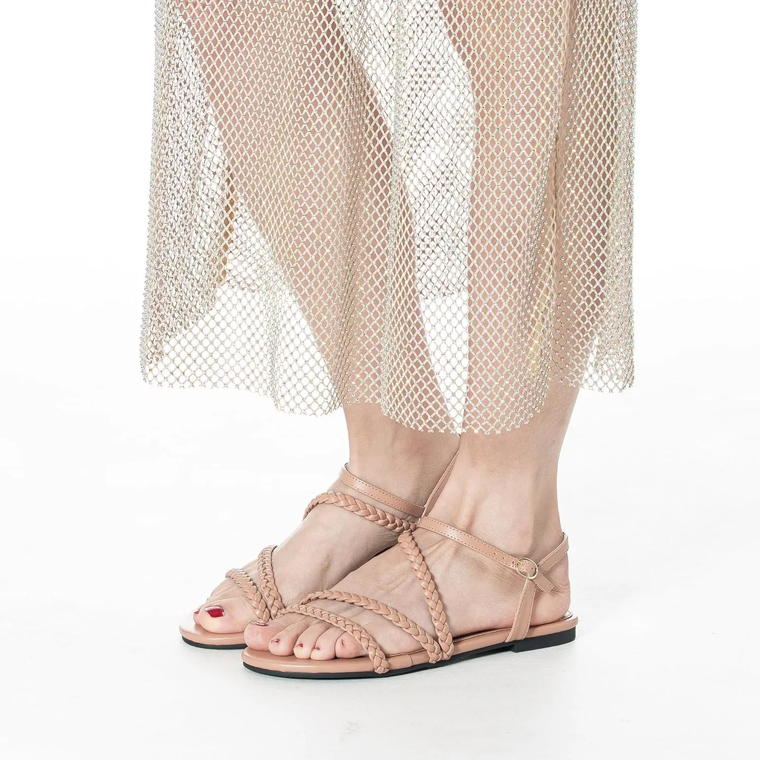 Mtzyoa Women Flat Sandals Dressy Strappy Gladiator Summer Ankle Strap Nude Open Toe Comfortable Wedding Casual Leather Ladies Party Trendy Vacation
