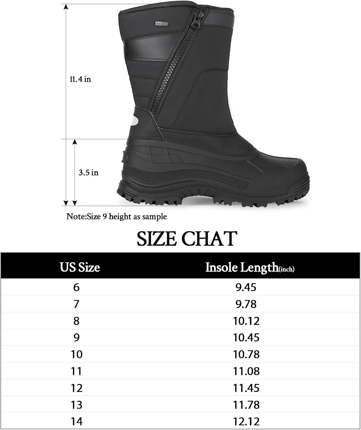 mysoft Men's Winter Snow Boots Mid Calf Waterproof Insulated Fur Lined Warm Anti-Slip Zip Boot