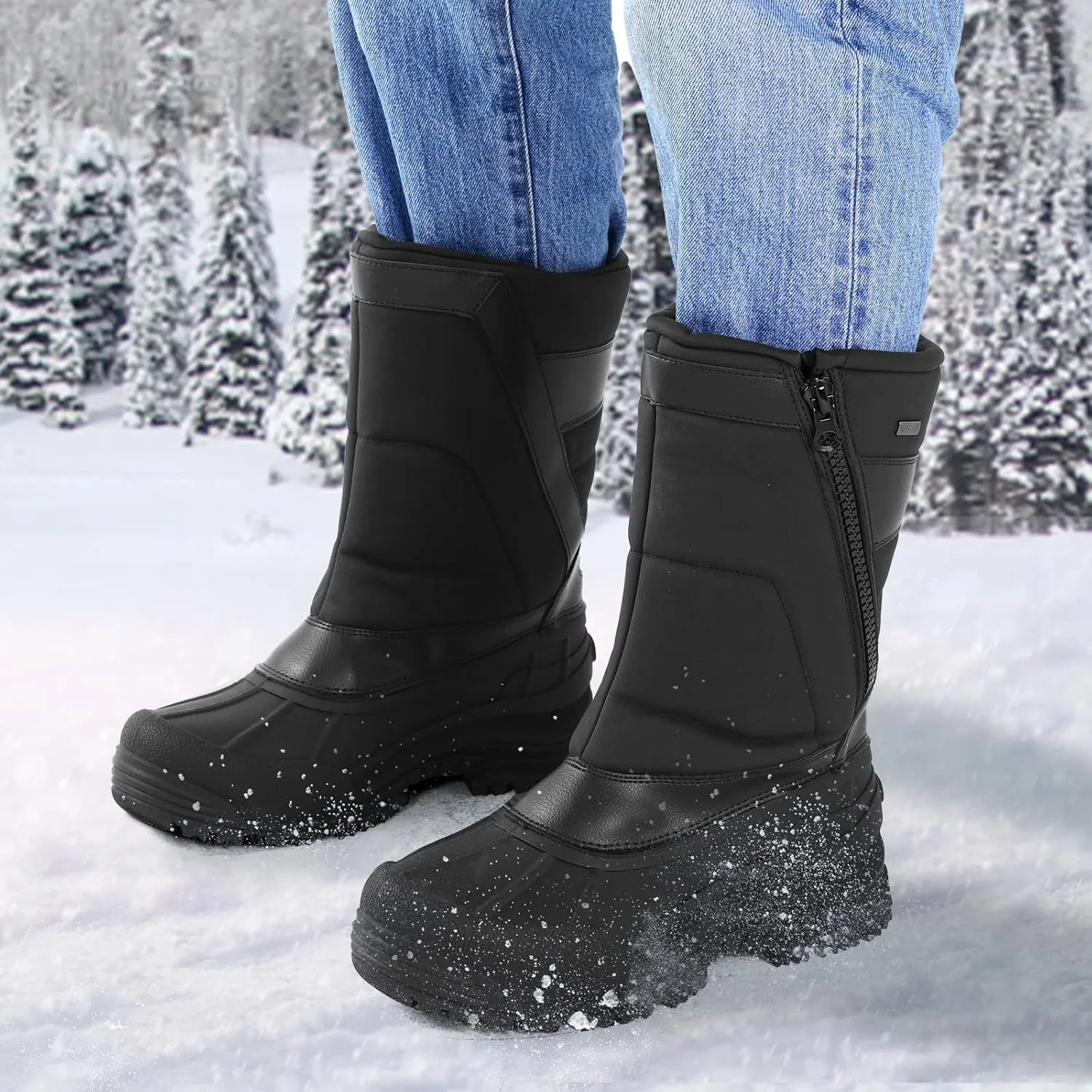 mysoft Men's Winter Snow Boots Mid Calf Waterproof Insulated Fur Lined Warm Anti-Slip Zip Boot