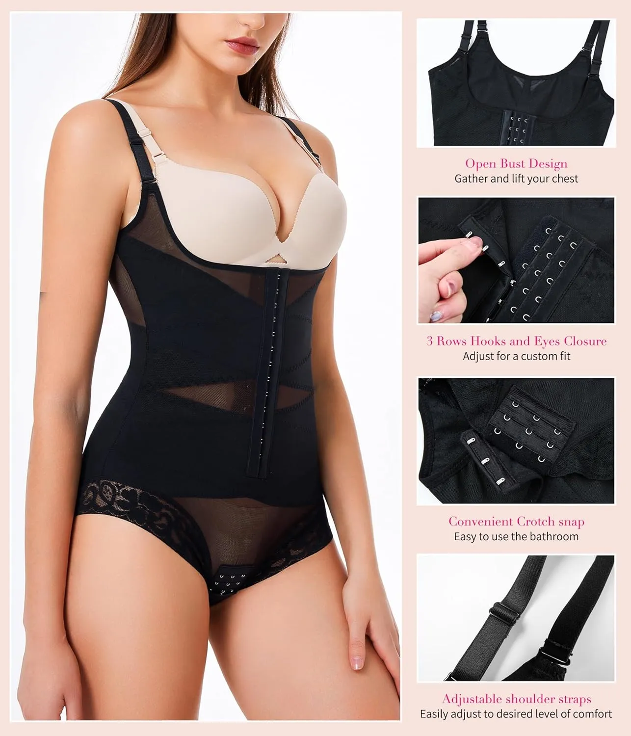 Nebility Shapewear Bodysuit Waist Trainer Open Bust Bodysuits for Women Tummy Control Criss-Cross Body Shaper