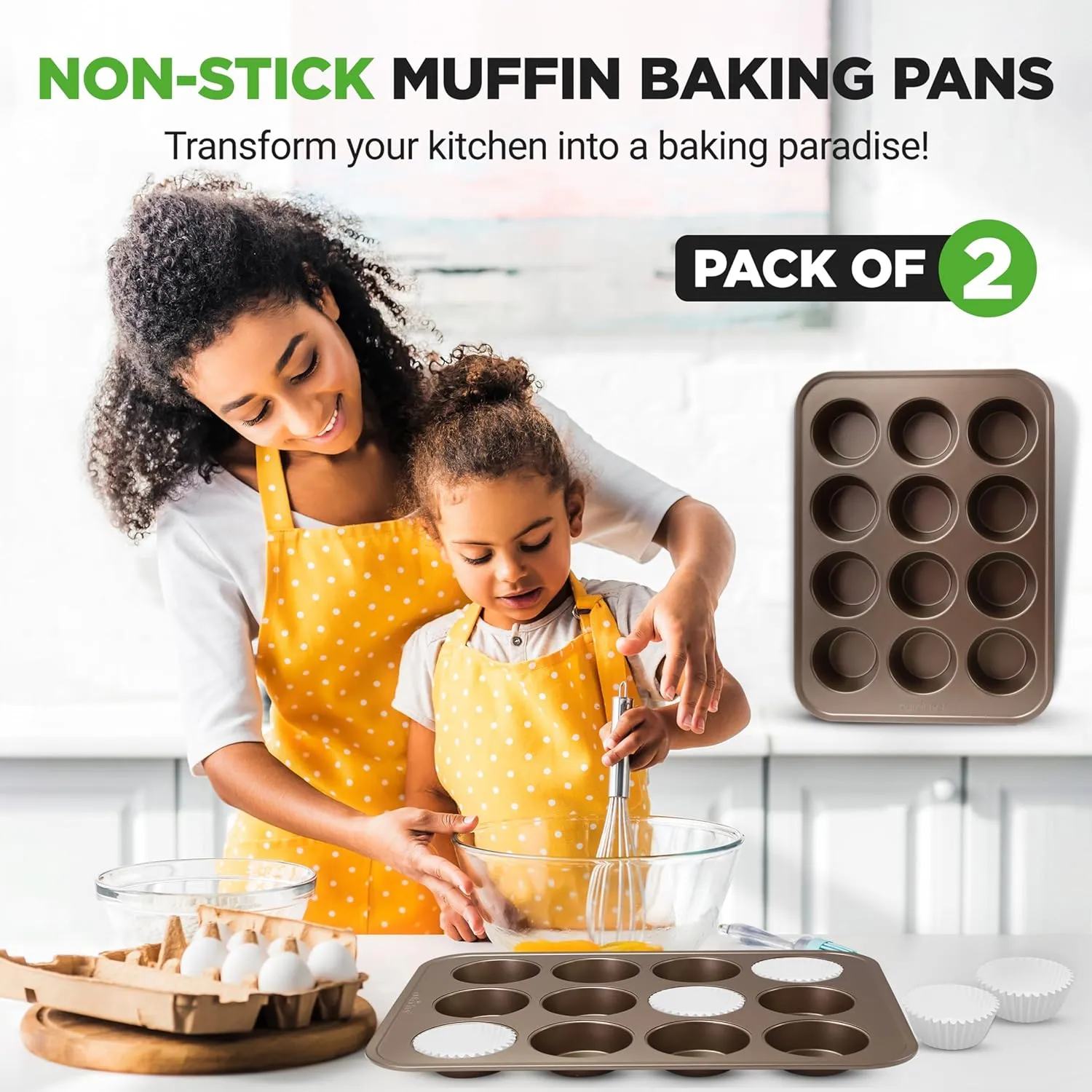 NutriChef 12 Cup Nonstick Muffin Pans for Cupcakes, 2-Piece Cupcake Mould, Non-Toxic Carbon Steel Stackable Cup Cake Tray, Dishwasher Safe, Easy Release, Easy clean - Gold