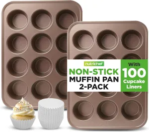 NutriChef 12 Cup Nonstick Muffin Pans for Cupcakes, 2-Piece Cupcake Mould, Non-Toxic Carbon Steel Stackable Cup Cake Tray, Dishwasher Safe, Easy Release, Easy clean - Gold