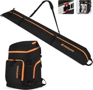 Odoland Ski Bag and 50L Boot Backpack Combo, Padded Snowboard Bags and Ski Boot Bag for Air Travel, Snow Ski Bags Fit Skis Up to 200cm, Waterproof Ski Double Bag Combo for Store and Transport Ski Gear