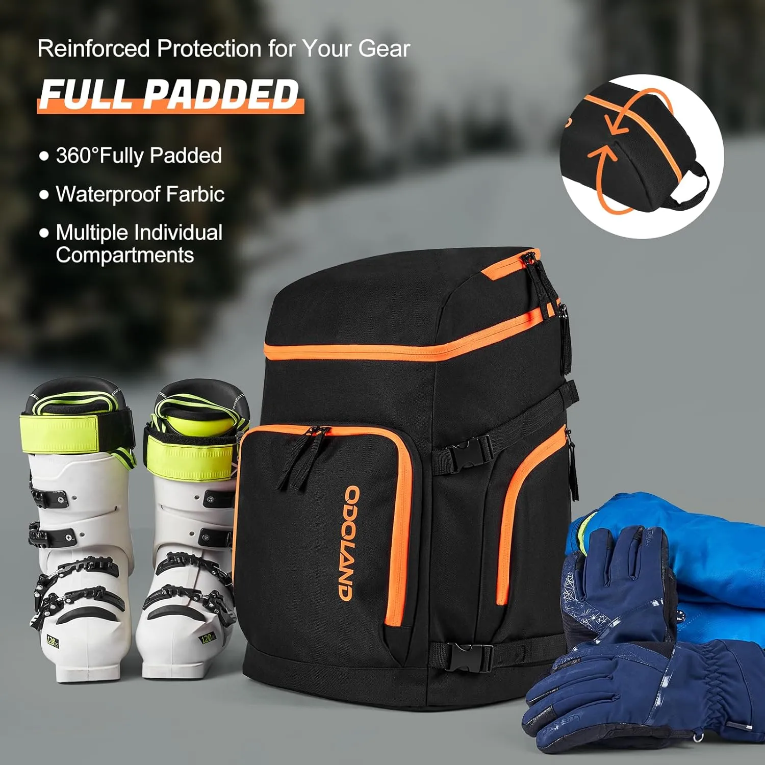 Odoland Ski Bag and 50L Boot Backpack Combo, Padded Snowboard Bags and Ski Boot Bag for Air Travel, Snow Ski Bags Fit Skis Up to 200cm, Waterproof Ski Double Bag Combo for Store and Transport Ski Gear