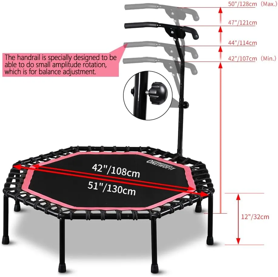 ONETWOFIT 51" Silent Trampoline with Adjustable Handle Bar, Fitness Trampoline Bungee Rebounder Jumping Cardio Trainer Workout for Adults…