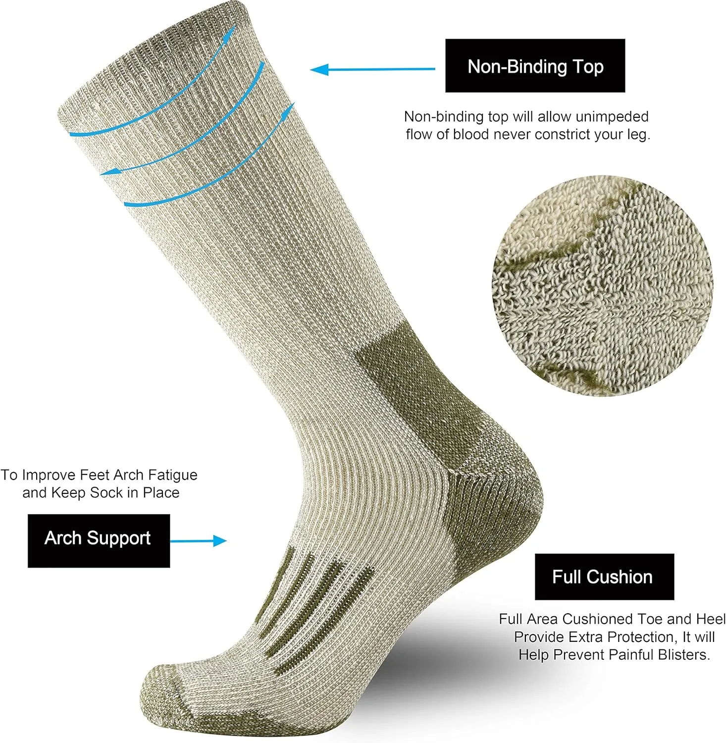ONKE Merino Wool Cushion Crew Socks for Men Outdoor Hiking All Seasons Work Boot Heavy Thick Thermal Moisture Wicking Control