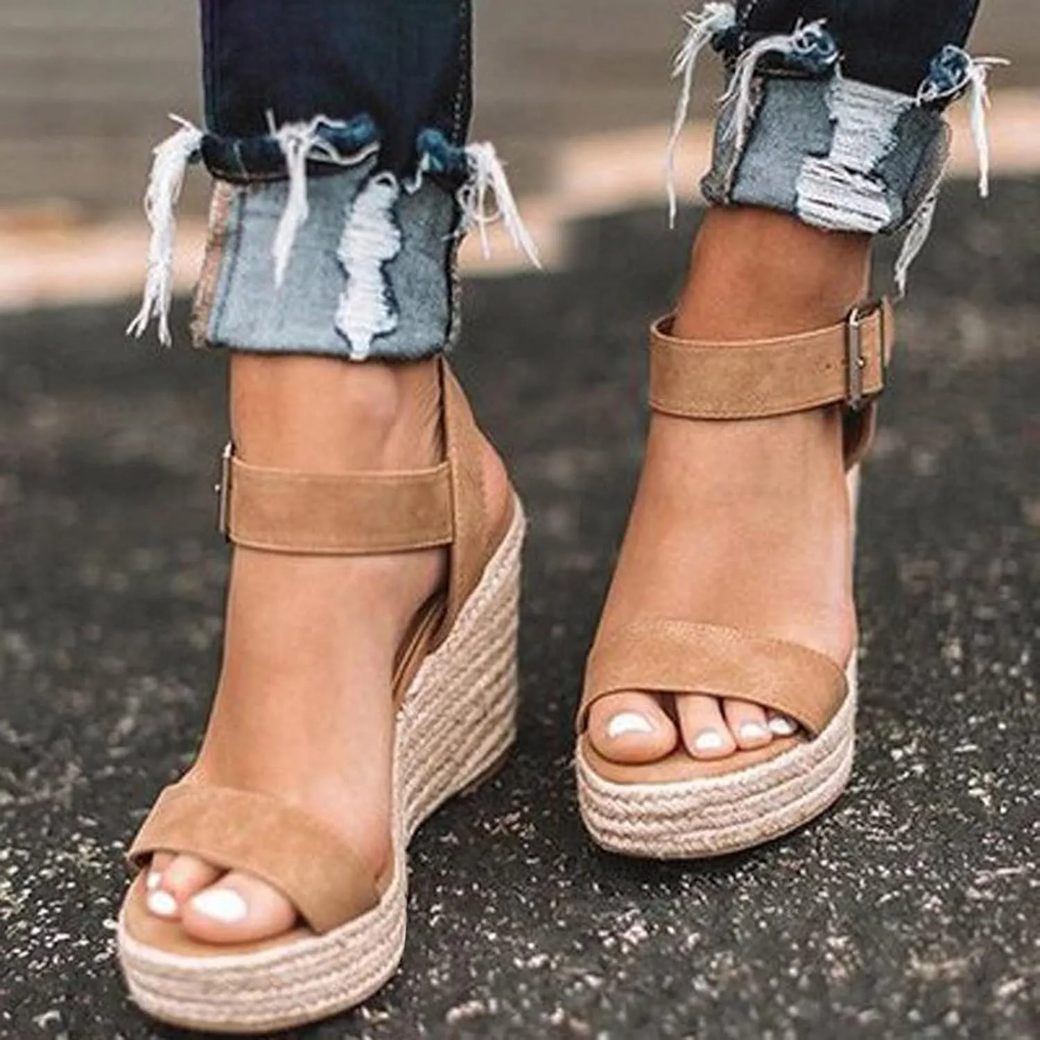Orthopedic Sandals for Women Casual Summer Wedge Sandals for Women Dressy Open Toe Platform Wedges Buckle Ankle Strap Leather Sandals Espadrilles Beach Heels Sandal Strappy Slip on