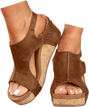 Orthopedic Sandals for Women Casual Summer Wedge Sandals for Women Dressy Open Toe Platform Wedges Buckle Ankle Strap Leather Sandals Espadrilles Beach Heels Sandal Strappy Slip on