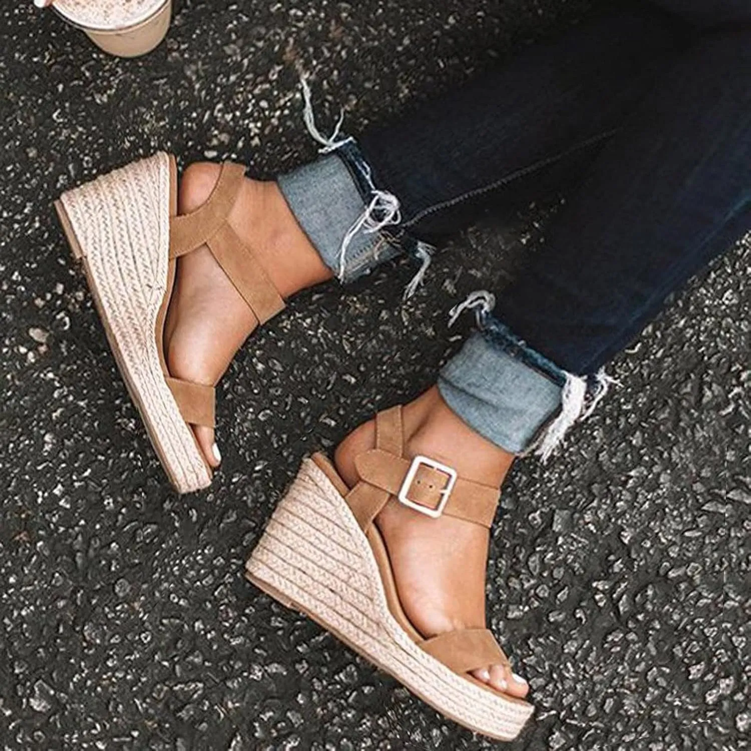 Orthopedic Sandals for Women Casual Summer Wedge Sandals for Women Dressy Open Toe Platform Wedges Buckle Ankle Strap Leather Sandals Espadrilles Beach Heels Sandal Strappy Slip on