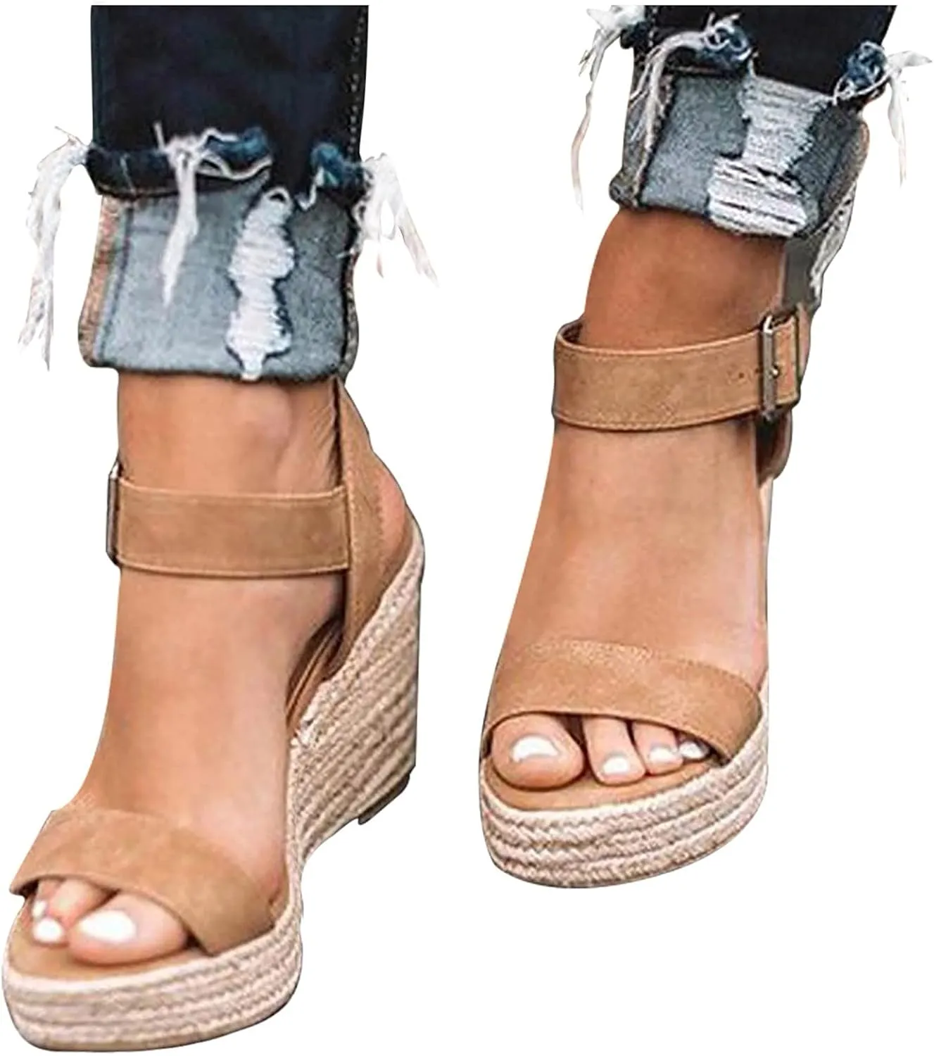 Orthopedic Sandals for Women Casual Summer Wedge Sandals for Women Dressy Open Toe Platform Wedges Buckle Ankle Strap Leather Sandals Espadrilles Beach Heels Sandal Strappy Slip on