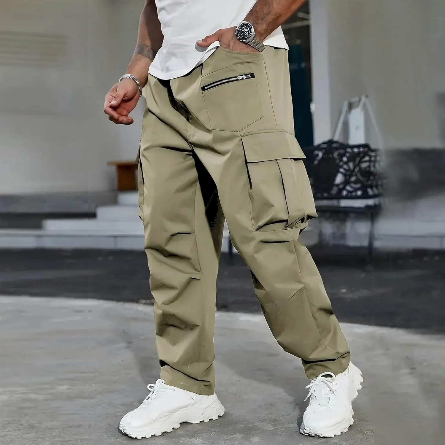 Outdoor Cargo Pants for Men 2025 Lightweight Baggy Street Hiking Pants with Multi-Pockets Oversized Twill Trousers
