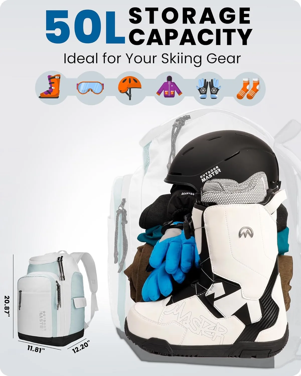 OutdoorMaster 50L Ski Boot Bag-Ski and Snowboard Boots Travel Backpack with Helmet Compartment | Waterproof Exterior & Bottom