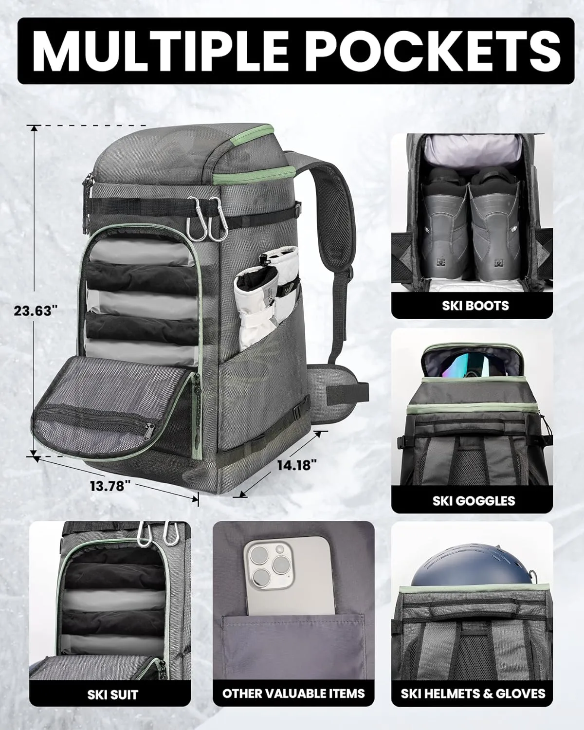 OutdoorMaster Ski Boot Bag, 65L Snowboard Boots Travel Backpack for Helmet, Ski Shoes, Goggles, Gloves and Accessories, Waterproof Exterior & Bottom