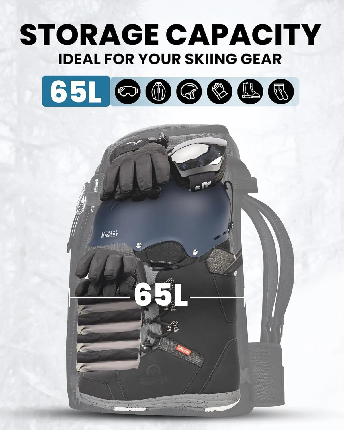 OutdoorMaster Ski Boot Bag, 65L Snowboard Boots Travel Backpack for Helmet, Ski Shoes, Goggles, Gloves and Accessories, Waterproof Exterior & Bottom