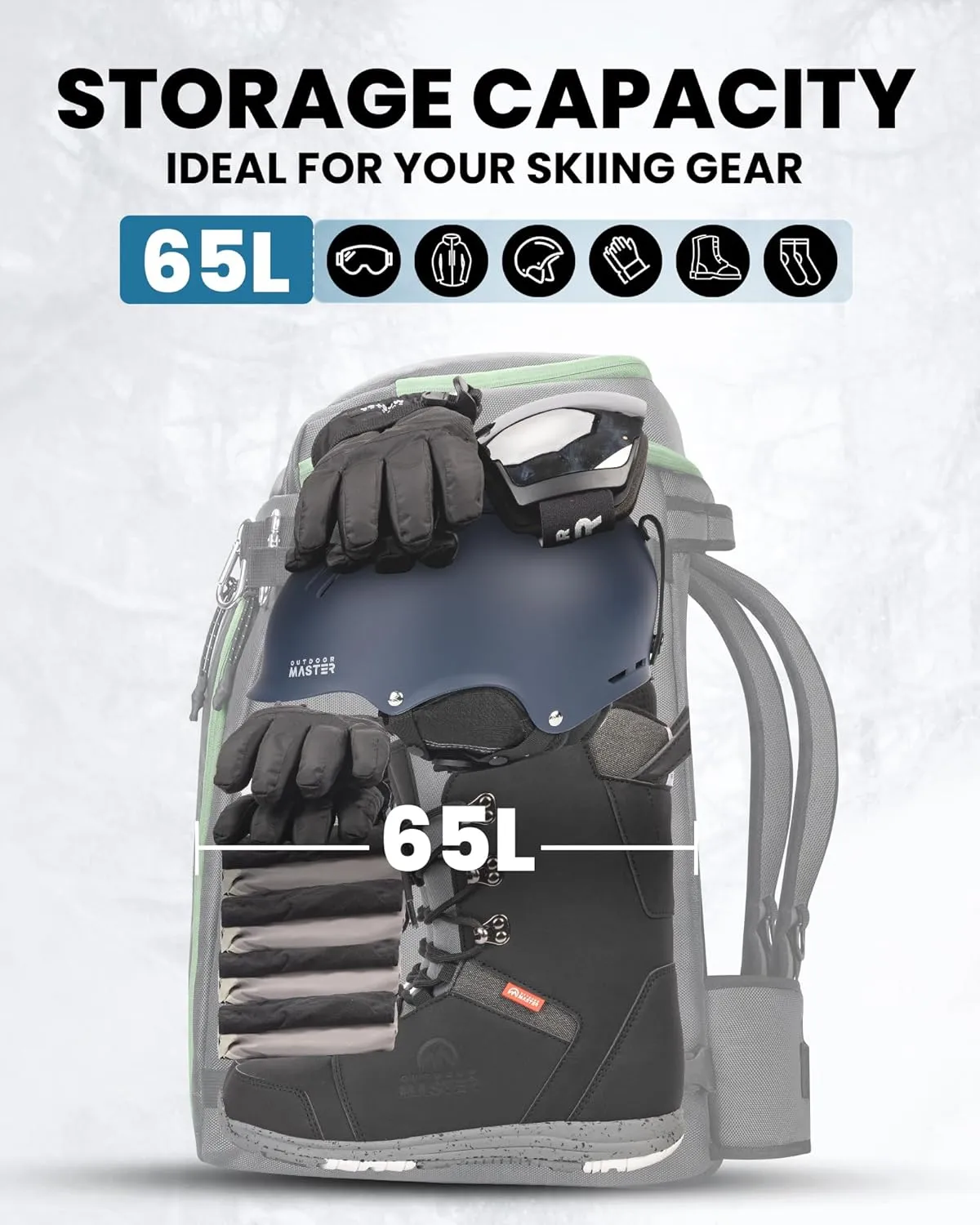 OutdoorMaster Ski Boot Bag, 65L Snowboard Boots Travel Backpack for Helmet, Ski Shoes, Goggles, Gloves and Accessories, Waterproof Exterior & Bottom