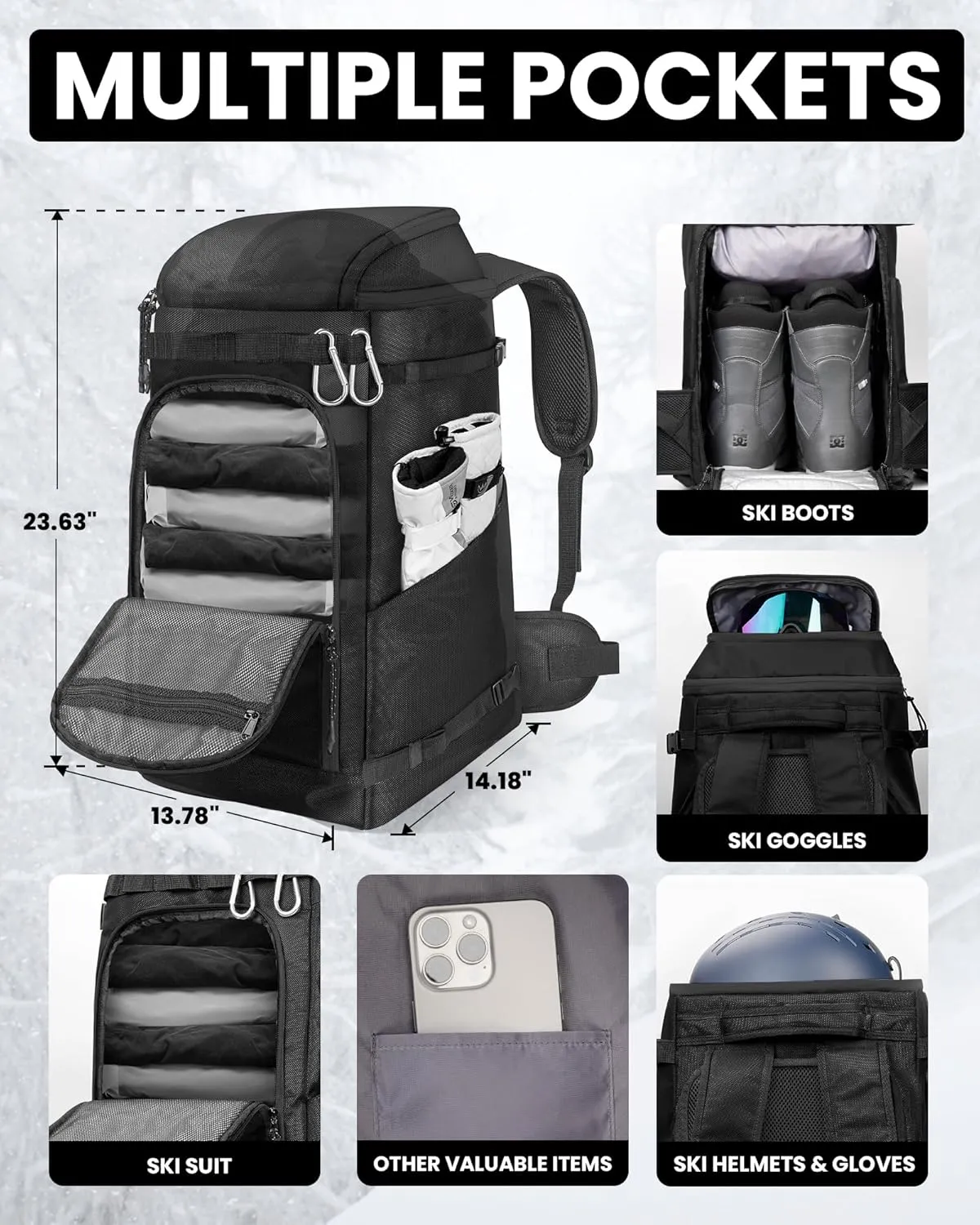 OutdoorMaster Ski Boot Bag, 65L Snowboard Boots Travel Backpack for Helmet, Ski Shoes, Goggles, Gloves and Accessories, Waterproof Exterior & Bottom