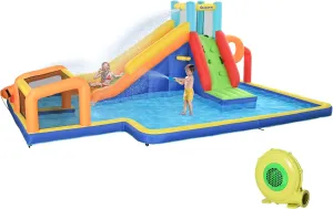 Outsunny Kids Inflatable Water Slide 6-in-1 Bounce House Water Park Jumping Castle with Water Pool, Slide, Soccer Goal, Basketball Hoop, Climbing Walls, & 2 Water Cannons, 450W Air Blower