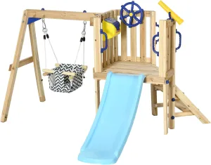 Outsunny Wooden Swing Set for Backyard, Toddler Outdoor Playset with Baby Swing Seat, Kids Slide, Fort, Playground Equipment with Captain's Wheel, Telescope for Ages 1.5-4, Natural