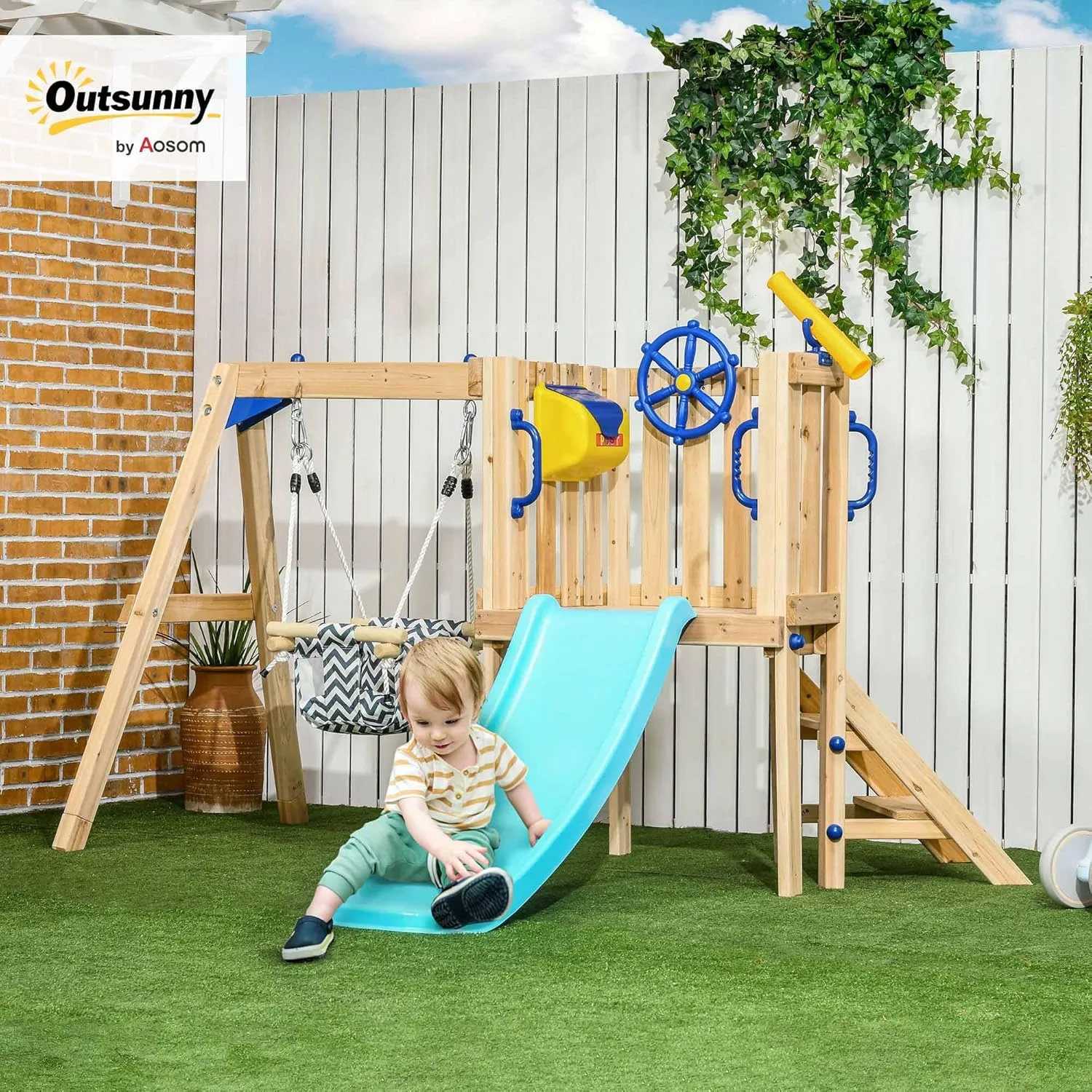 Outsunny Wooden Swing Set for Backyard, Toddler Outdoor Playset with Baby Swing Seat, Kids Slide, Fort, Playground Equipment with Captain's Wheel, Telescope for Ages 1.5-4, Natural