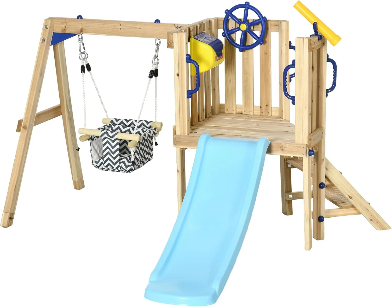 Outsunny Wooden Swing Set for Backyard, Toddler Outdoor Playset with Baby Swing Seat, Kids Slide, Fort, Playground Equipment with Captain's Wheel, Telescope for Ages 1.5-4, Natural