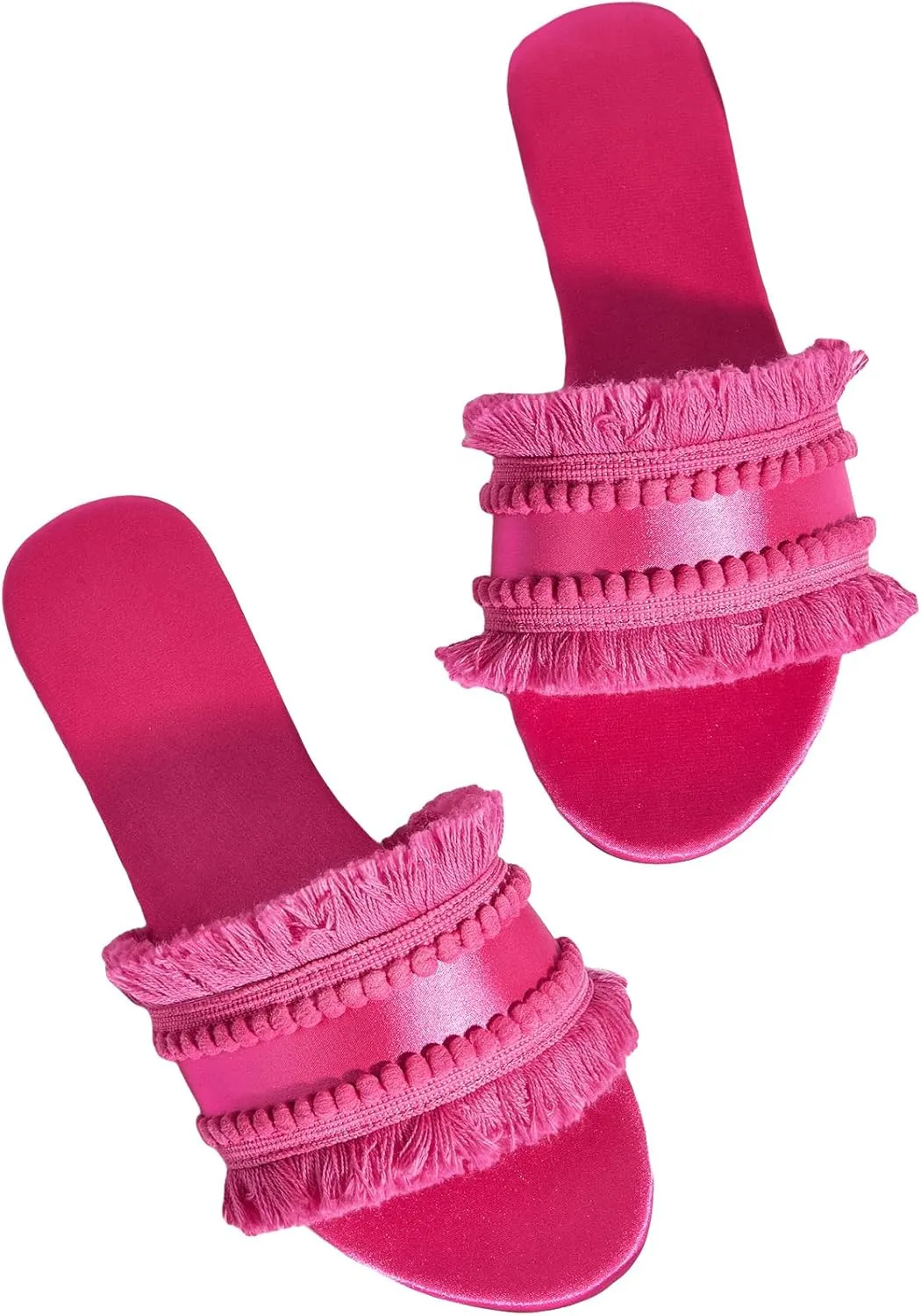 OYOANGLE Women's Fringe Trim Satin Open Toe Flat Slide Sandals Summer Casual Slip on Dressy Sandals