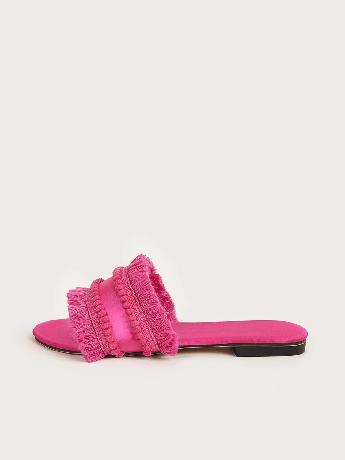 OYOANGLE Women's Fringe Trim Satin Open Toe Flat Slide Sandals Summer Casual Slip on Dressy Sandals